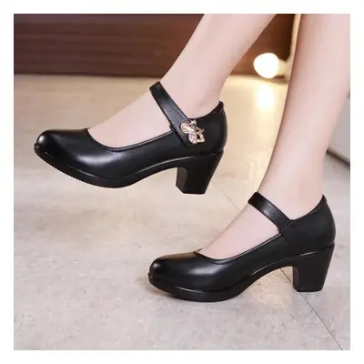 (black, 39) 5cm Thick-heeled Leather Work Shoes Women High Heels Pumps Shoes