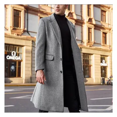 (grey, S) British Style Long Wool Trench Coat Men Winter Mens Cashmere Coat Slim Fit Extra Long 