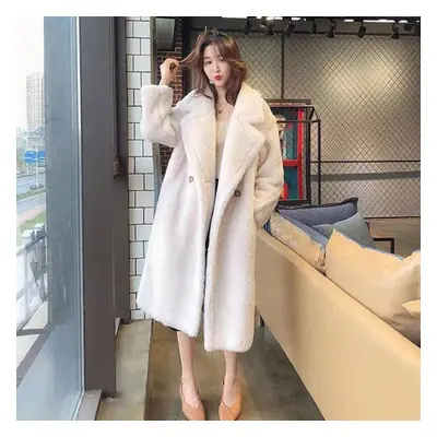 (white, L) Faux Fur Warm Long Coat Long Sleeve Female Thick Teddy Bear Coat Casual Loose Oversiz