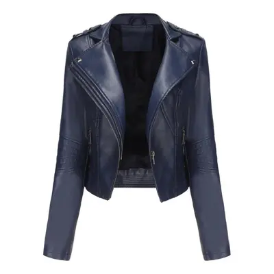 (dark blue, M) Women's Jackets Rivets Faux Leather Lapel Zipper Bomber Jacket Short Slim Fit Mot