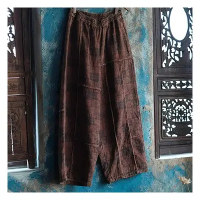 (brown, One Size) Johnature Women Vintage Print Floral Wide Leg Pants Elastic Waist Cotton Blend