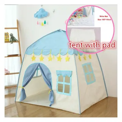 (blue, tent with pad) 1.3m Portable Children&apos;s Tent Wigwam Folding Kids Tents Tipi Baby Pla