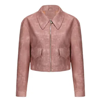 (pink, M) Faux Leather Jackets For Women Thin Crop Top Short Jacket Long Sleeves Lapel Zipper Co