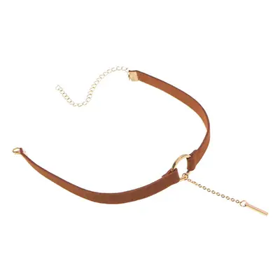 (Brown) Silver Plated Metal Pendant Leather Round Choker Necklace for Couple Lovers