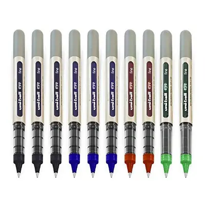 EYE - UB-157 Rollerball Pens - 0.7mm Nib - [Pack of 10] - x Black, x Blue, x Red, x Green