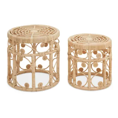 Elegant Set Of Two Natural Rattan Tables, Round Coffee Table, Sturdy Side Table, Versatile Small