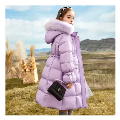 (Purple, 8-9Years) Kids Girls Coat Fur Hooded Parka Jacket Warm Long