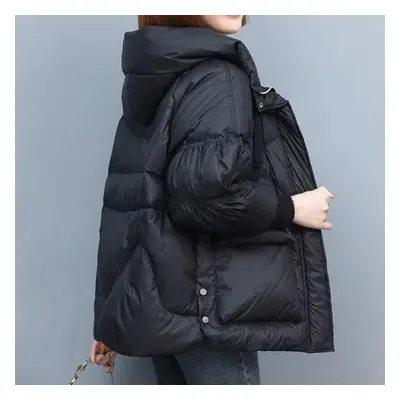 (black, XXXL) Jacket Female New Hooded Pocket Large Size Loose Jacket Mother Winter Down Jacket