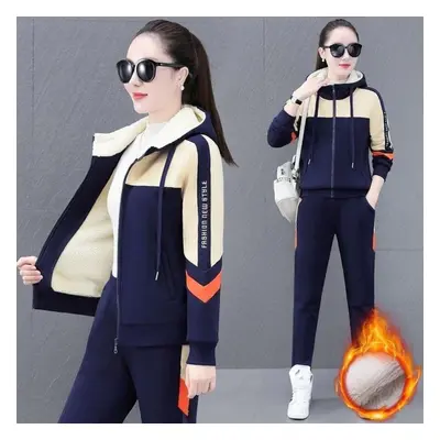 (navy blue, M) Women&apos;s Autumn Winter Fleece-lined Thickened Sports Suit Hooded Sweatshirt T