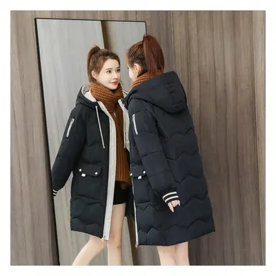 (black, XXL) Women Winter Warm Coat Fashion Hooded Down Jacket Cotton Padded Long Female Zipper 