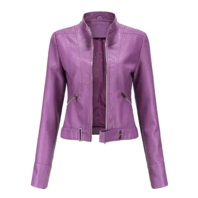 (purple, 3XL) Leather Jacket Women&apos;s Short Small Jacket Spring And Autumn Stand Collar Ladi