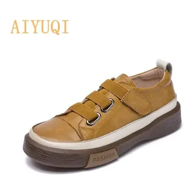 (yellow, 37) Women&apos;s Vulcanized Shoes Flat New Genuine Leather Women&apos;s Sneakers Retro 