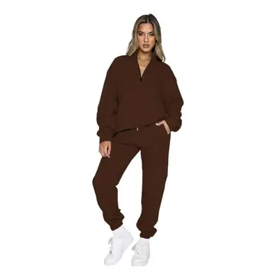 (dark brown, S) Autumn Winter Sweatsuit Solid Zip Stand Neck Pullover Long Sleeve Two-piece Pant