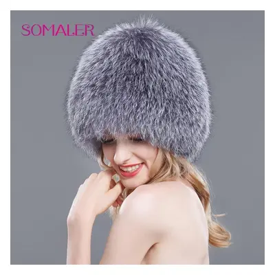 (silver) Somaler Real Full Fox Fur Bomer Caps For Women Winter Knitted Fur Hats Wool Lining Warm