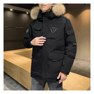 (black, L) New Winter Men&apos;s Down Jacket Mid-length Couple Tooling Down Jacket