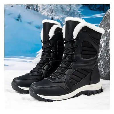 (black, 41) Mctin Women White Snow Boots Winter Plush Black Warm Mid-calf Boots Ladies Slip-on C