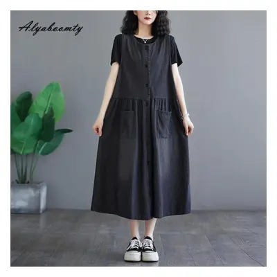 (black, M) Plus Size Summer Autumn Women Denim A-line Midi Sundress O Neck Blue Casual Loose Kor