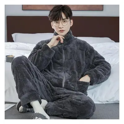 (dark gray, M) Men&apos;s Autumn Winter Thicken Warm Pajamas Sets Flannel Piece Sets Sleepwear M