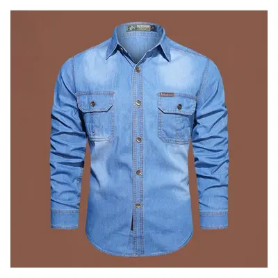 (light blue, XXXXXL) Autumn Denim Long Sleeve Shirt Men&apos;s Casual Cotton Washed Men&apos;s D