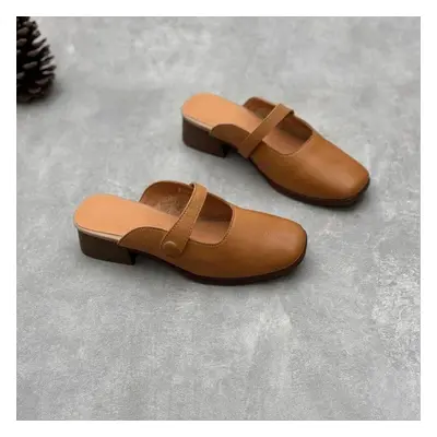 (brown, 35) Johnature Genuine Leather Thick Heel Slippers Round Toe Casual Outerwear Slides Vers