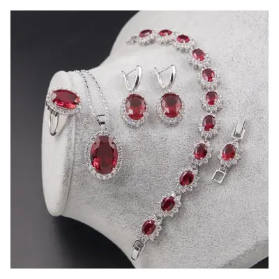 (red, 10) Ring Earrings Necklace Bracelet Silver Jewelry Set Oval Shape Zircon Gemstone Accessor