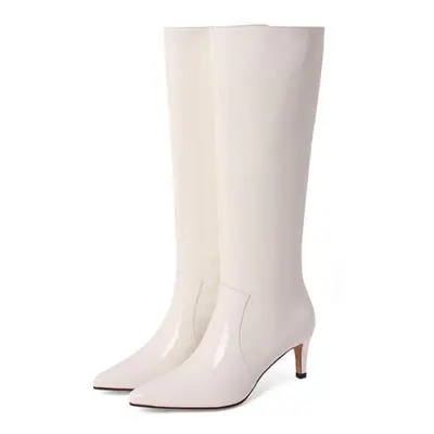 (white, 33) Meotina Women Genuine Leather Knee High Boots Thin High Heel Pointed Toe Fashion Lad