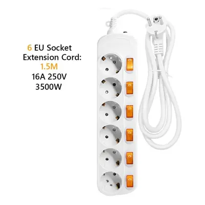 (6 hole) 3/4/5/6 Holes Power Socket European Plug Strip 1.5 Wire With Switch Eu Plug