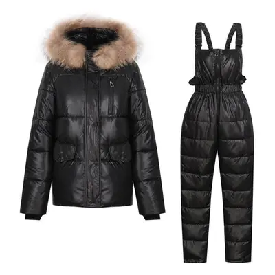 (black, XL) Women Winter Short Hooded Glossy Windproof Waterproof Coat Two Pieces Suit Puffer Ja