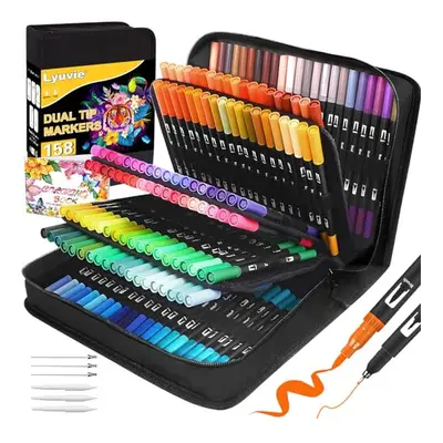 158 Colouring Pens Felt Tip Pens-Dual Tip Brush Pens Coloured Fineliner Pens Markers with Black 