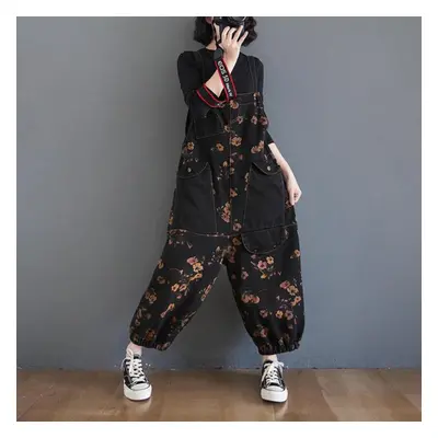 (as the picture, M) Long Jumpsuits Ladies High Waist Vintage Denim Jumpsuits Women Multi-pockets