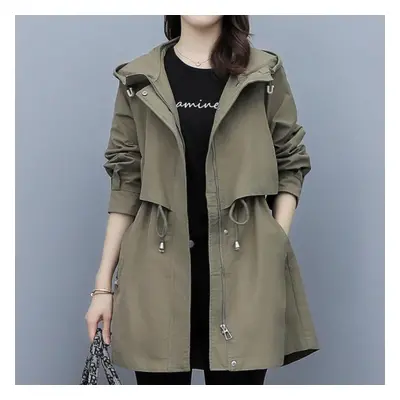 (coffee, XXL) Spring And Autumn Women&apos;s Mid-length Trench Coat Hooded Zipper Tie-in Jackets