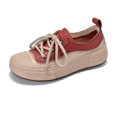 (red, 38) Johnature Genuine Leather Casual Flats Shoes Women Round Toe Lace-up Soft Bottom Leisu