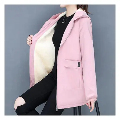 (pink, M) Ladies Autumn And Winter Plus Velvet Thickened Large Size Padded Jacket Outdoor Windpr