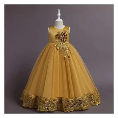 (yellow, (7-8T)) Summer Tulle Flower Girls Dress For Wedding Party Child Princess Pageant Long G