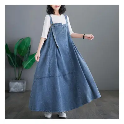 (blue, M) Dimanaf Plus Size Summer Dress Women Denim Black Loose Long Dress Vintage Casual Sleev