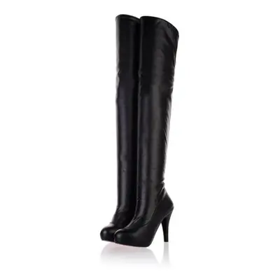 (black, 36) Women Over-the-knee Boots Round Toe Block High Heels Zipper Stretch Long Boots Ladie