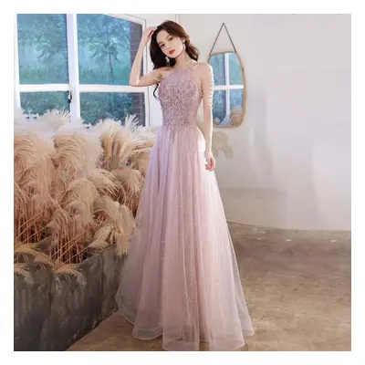 (pink, S) Elegant Celebrity Dress Sequins Beading Halter With Tassel Sleeve A Line Exquisite Flo