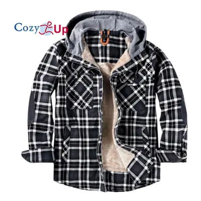 (black, S) Cozy Up Winter Casual Plaid Hooded Velvet Thickened Warm Men Shirt Men&apos;s Cotton 