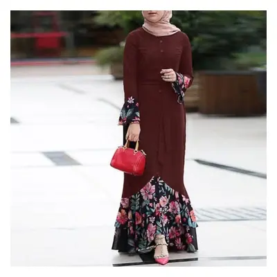 (red, XL) Women&apos;s Fashion Floral Patchwork Dubai Abaya Sleeve Floor Length Arab Muslim Isla