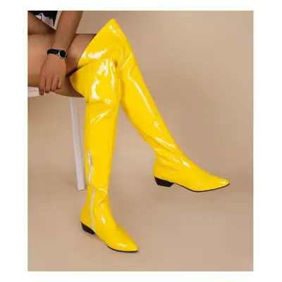 (yellow, 46) Sexy Women Over The Knee Boots Girls High Heel Boots Pleated Patent Leather Pointed