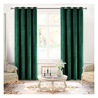 (Green, 90" x 90" (228cm x 228cm)) Velvet Curtain Pair Eyelet Ring Top Curtains with Tiebacks