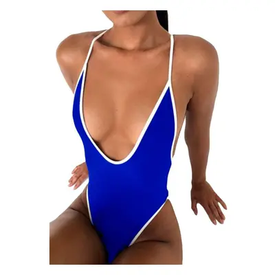 (Dark Blue, L) Women One-piece Swimsuit Plunge V Neck Solid High Cut Thong