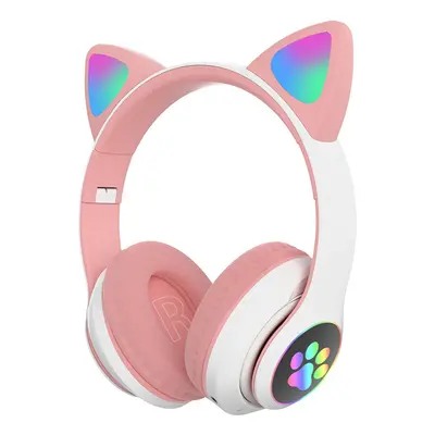 (Pink) Pink Colorful Cat Ear Bluetooth Headphone with Mic Rainbow Light Hi-Fi Sound Folding Audi