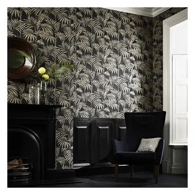 Designer Julien Macdonald Honolulu Glitter Palm Print Black Gold Wallpaper