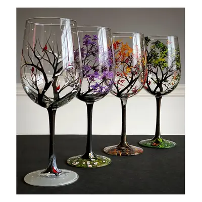 (1pc in winter) Four Seasons Tree Wine Glasses Spring Summer Winter Fall Set Of Four Hand Painte