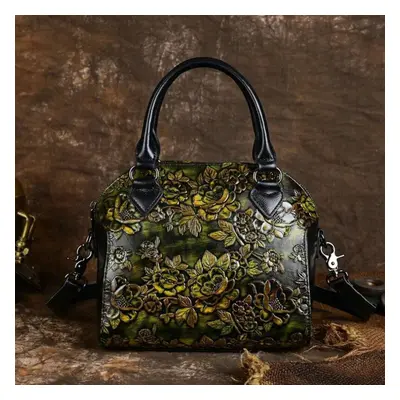 (yellow) Johnature Embossed Shell Bag Women&apos;s Vintage Genuine Leather Flower Handbag Versat