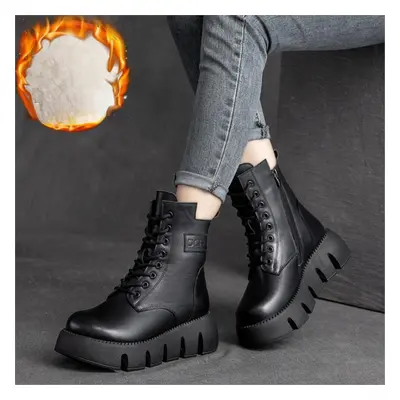 (black, 37) Johnature Women Boots Genuine Leather Winter Ziper Round Toe Women Sewing Handmade R