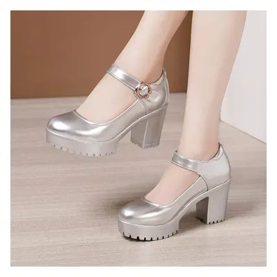 (silver, 37) 8cm Spring Autumn Casual High-heeled Shoes Sexy Thick-heeled Leather Work Shoes Wom