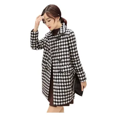 (black, 4XL) Women Woolen Plaid Coat Winter Warm Thicker Jacket Single Breasted Long Wool Outerw