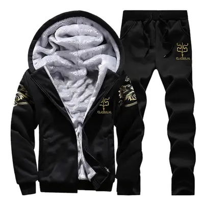 (black, XXXL) Men Winter Outfits Fleece Coat+sweatpants Warm Hooded Jacket Fashion Sport Tracksu